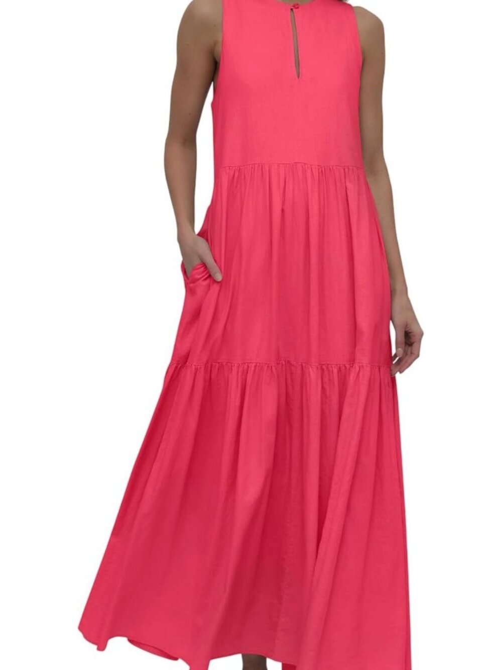 DKNY Women's Linen Tiered Sleeveless Maxi Dress, Coral Crush, Large NWT